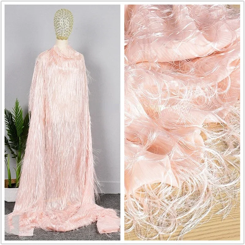 

Light Pink Chiffon Fringed Jacquard Fabric Spring Summer Skirt Cape Wedding Dress Design Cloth for Sewing Meters Diy Material
