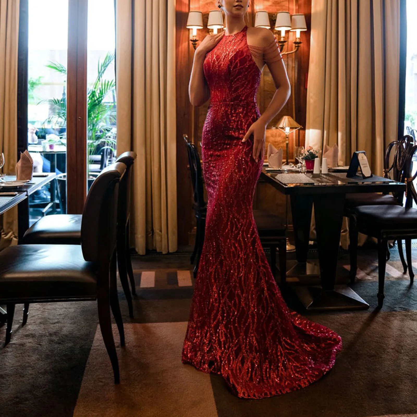 Vestidos de Fiesta elegantes para mujer, vestido de noche sin mangas con cuello Halter y lentejuelas, con tirantes cruzados, a la moda, 2024