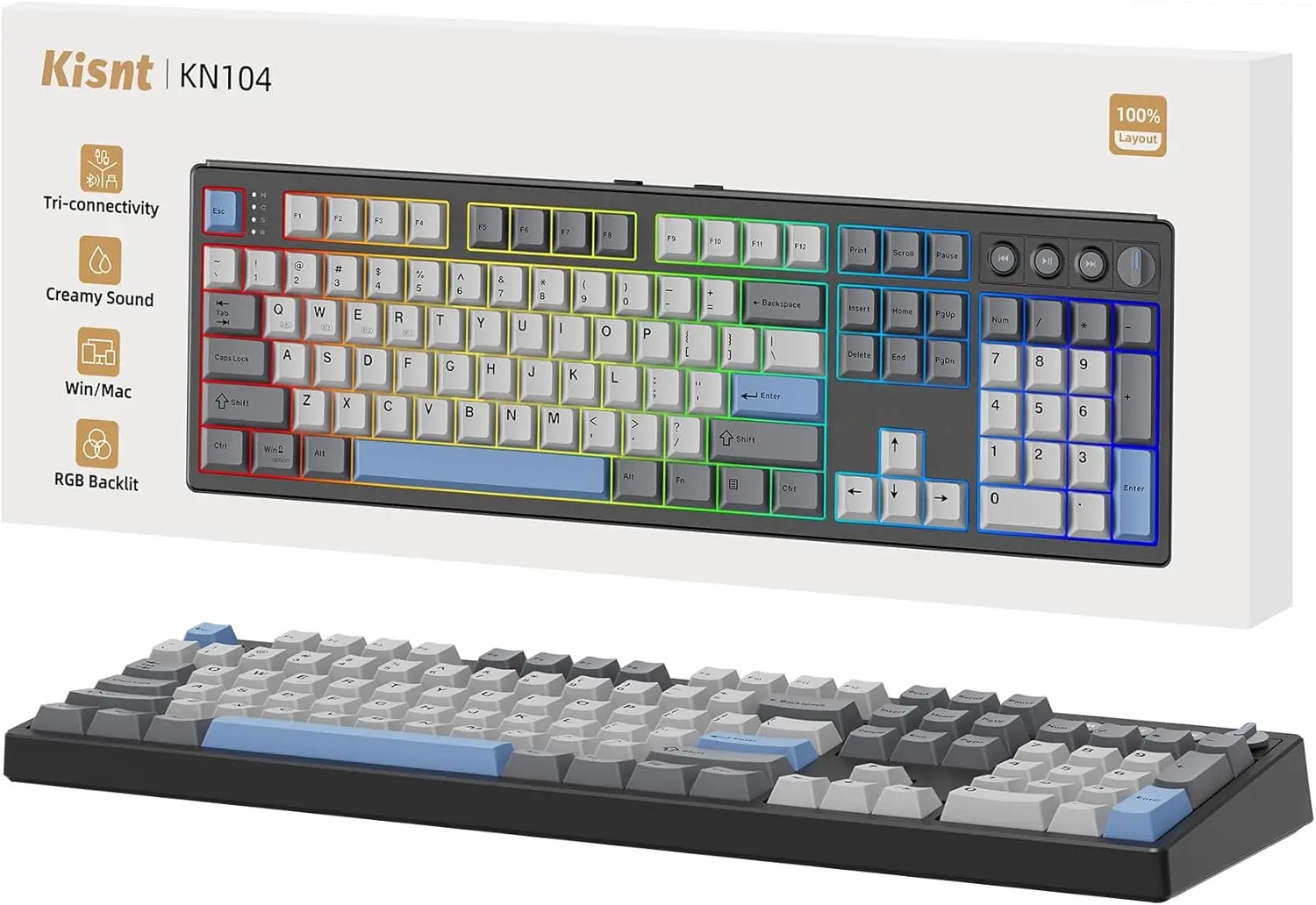 Wireless Mechanical Gaming Keyboard, Full Size 104 Keys with RGB Backlight, Hot Swappable, Bluetooth/2.4GHz/USB-C for PC/Mac