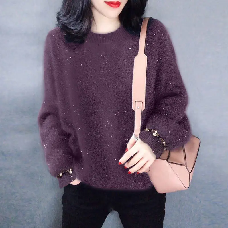 Autumn Winter Sequins Imitation Mink Velvet Sweater Female Loose Casual Oversized Pullover Top Women Simple All-match Jumper