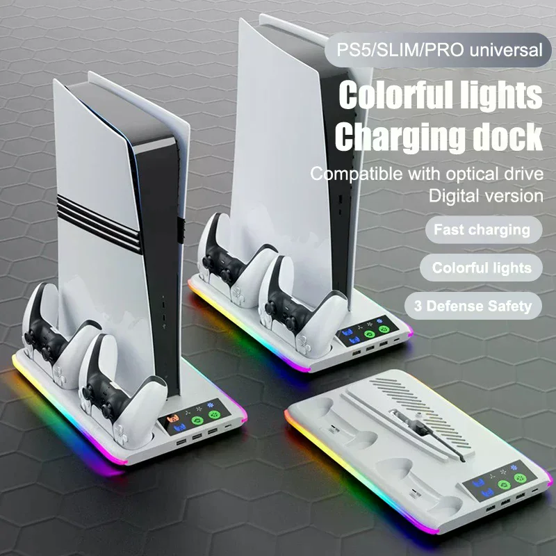 

Подставка для PS5 Slim/PS5, охлаждающий держатель и зарядная станция контроллера с крючком для наушников, RGB-подсветка, 3-уровневый охлаждающий вентилятор для PS5