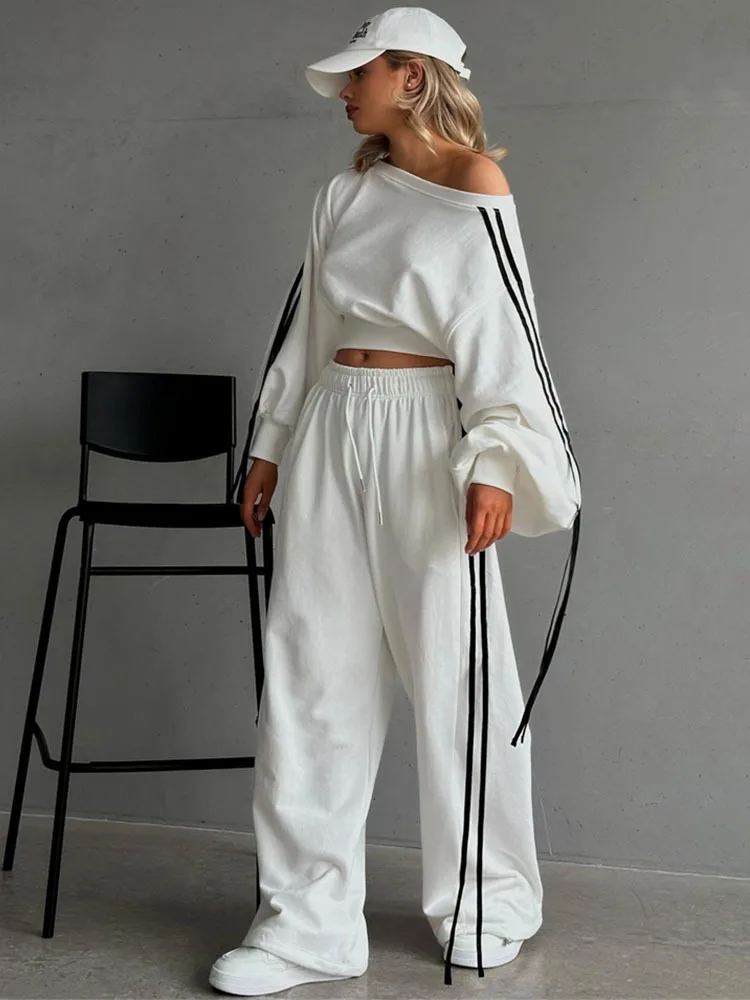 

Absobe Striped Lace Up Loose Pants 2 Piece Set Women Contrasted Color Long Sleeved Crop Wide Leg Trousers Leisure Suit Steetwear