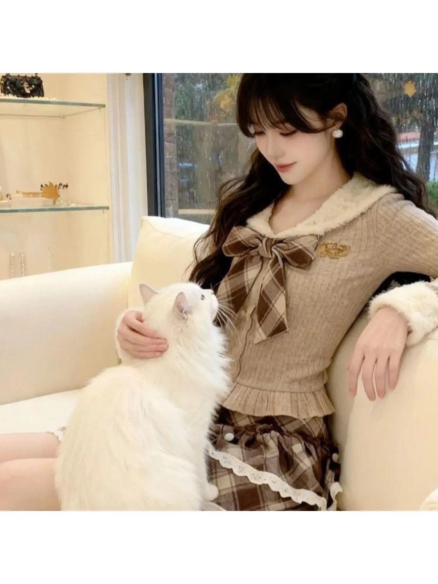 Spring Autumn  Knot Navy Collar Long Sleeve Knitted Slim Fit Puffy Skirt Two Piece Set Sweet Heart Girl Style