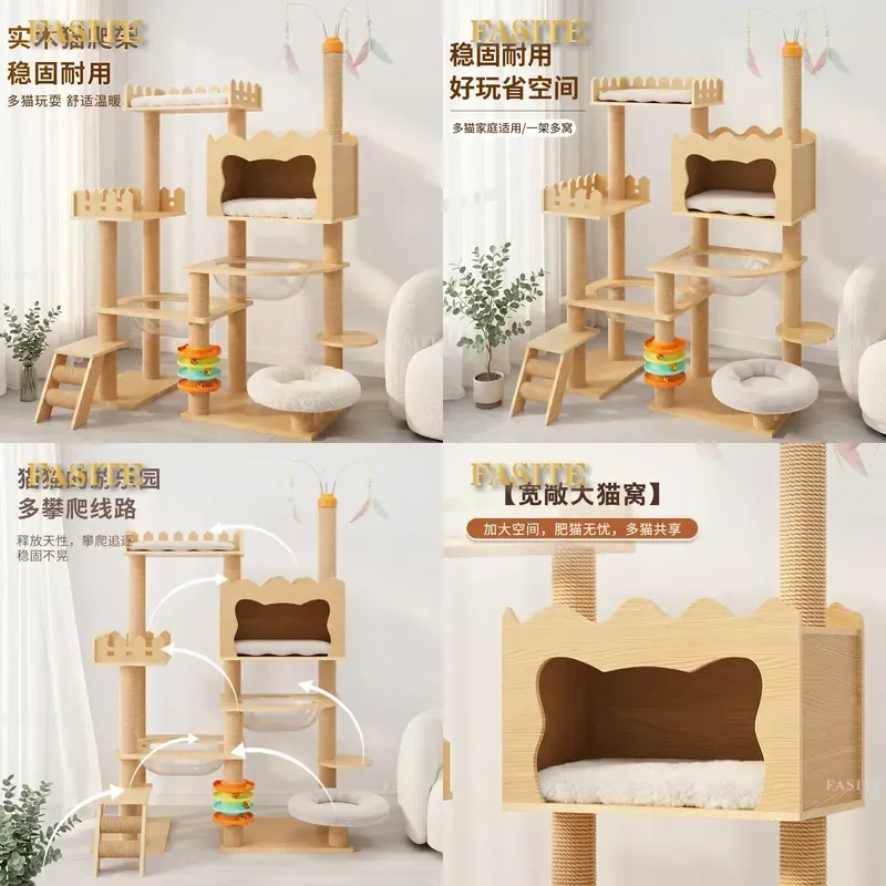 For Solid Wood Cat Tree Wall Mounted Cat Climbing Frame Space Saving Cat Shelf Nest Integrated Scratching Post for Small Cats