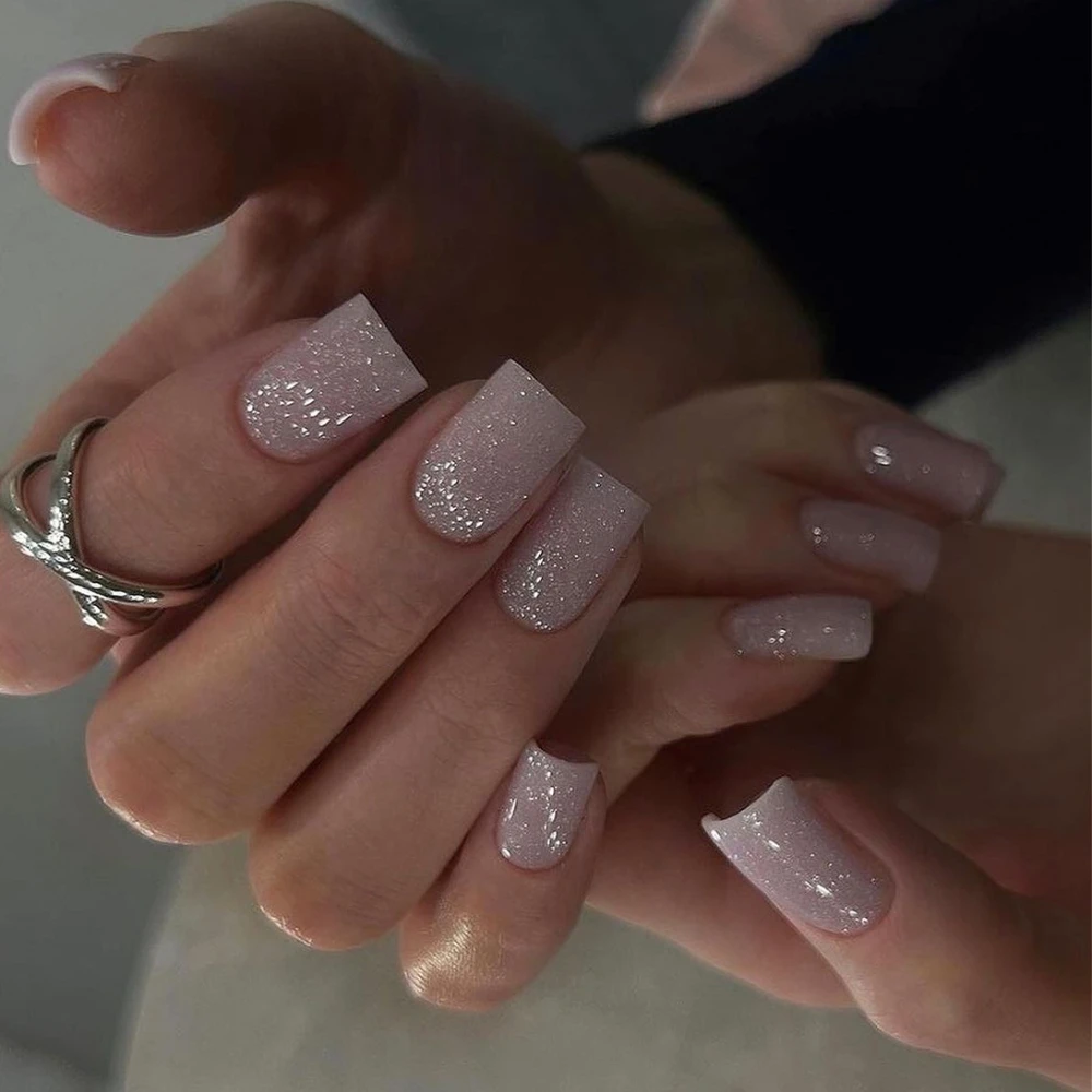 

Fashion Glitter Powder Short Square Nail Art Wearable Shiny False Nails Detachable Finished Fake Nails Press on Nails with Glue