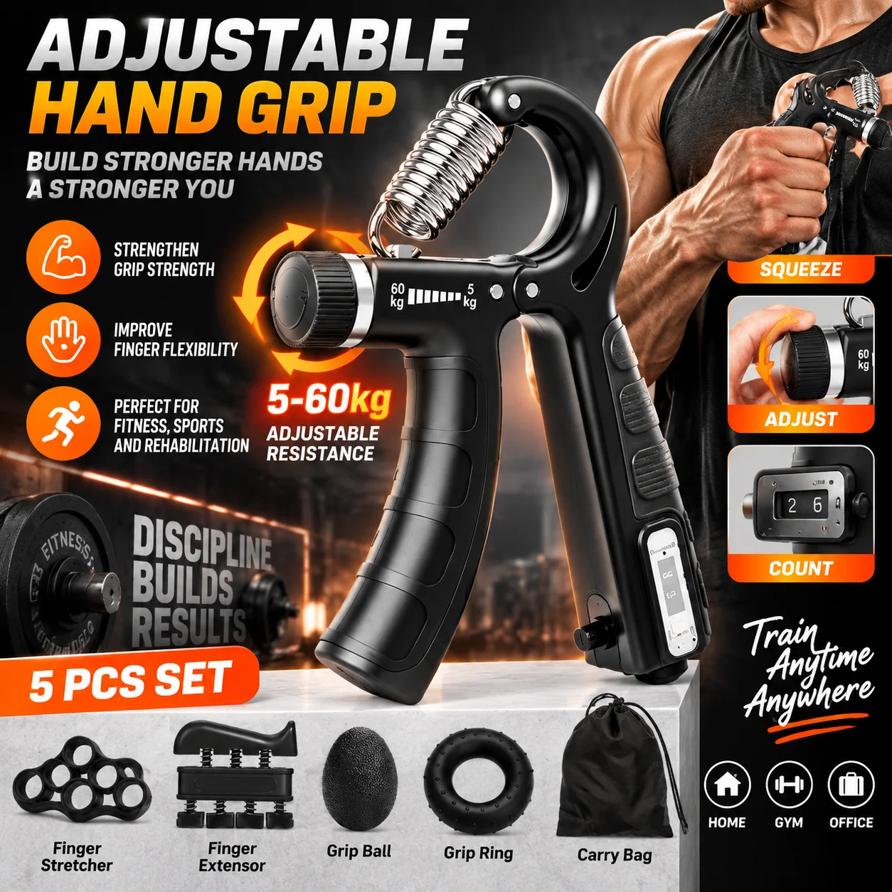 Hand Grip Strength Trainer Set Adjustable Counting Hand Gripper Finger Exerciser Finger Stretcher Grip Ring Stress Relief Ball for Hand Rehabilitation Training