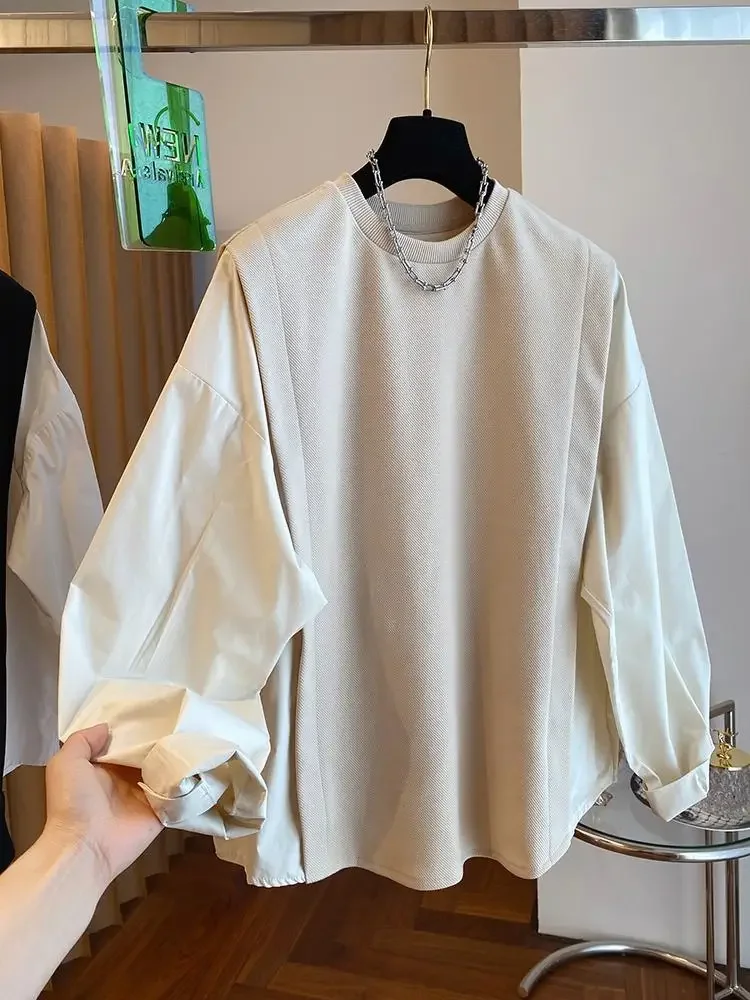 SuperAen 2024 Spring and Autumn New Stacked Design Loose and Unique Shirt Sleeve Splicing Hoodie