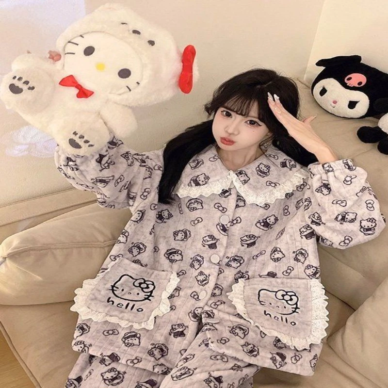 

My Melody Flannel Doll Collar Hello Kitty Casual Cozy Pajamas Girls in Autumn Winter Thickening Cute Sweet Home Clothes Set That