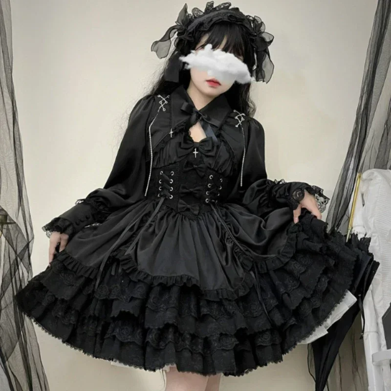 Japanische viktoria nische Gothic Lolita Kleid Frauen Punk-Stil süße Spitze Bogen Eving Party Kleider Harajuku Y2k Cosplay Prinzessin Kleid