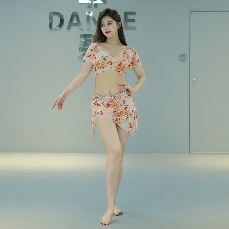 Conjunto de roupa personalizada para prática de dança do ventre, com impressão de gaze de água e padrões florais, fantasia de performance plus size