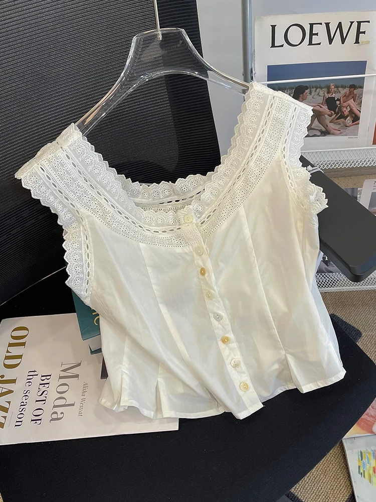 

New vest shirt with lace and lace short cut waist cinching style camisole top