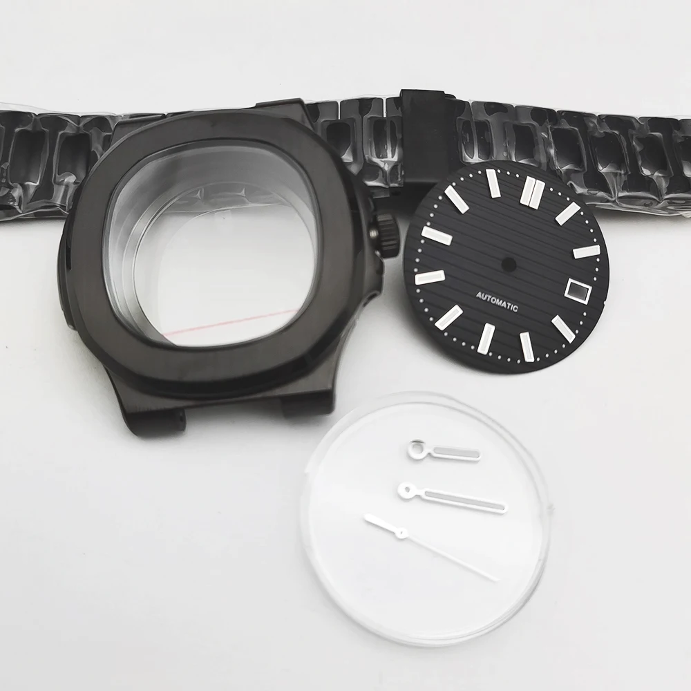 Boîtier noir Mod + bracelet pour NH35 42mm, boîtier en acier noir 316 adapté au boîtier de mouvement NH35/38, verre saphir d'avion, montre pour hommes de haute qualité