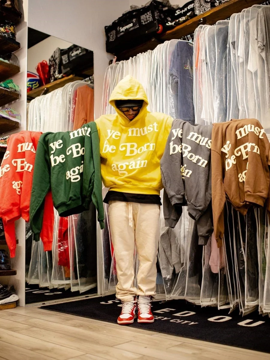 

ex Loose Fit Kanye West Reborn Hoodie Foamed Letter Print High Street Sle Cotton Crewne Sweatirt Youth Casual Wear