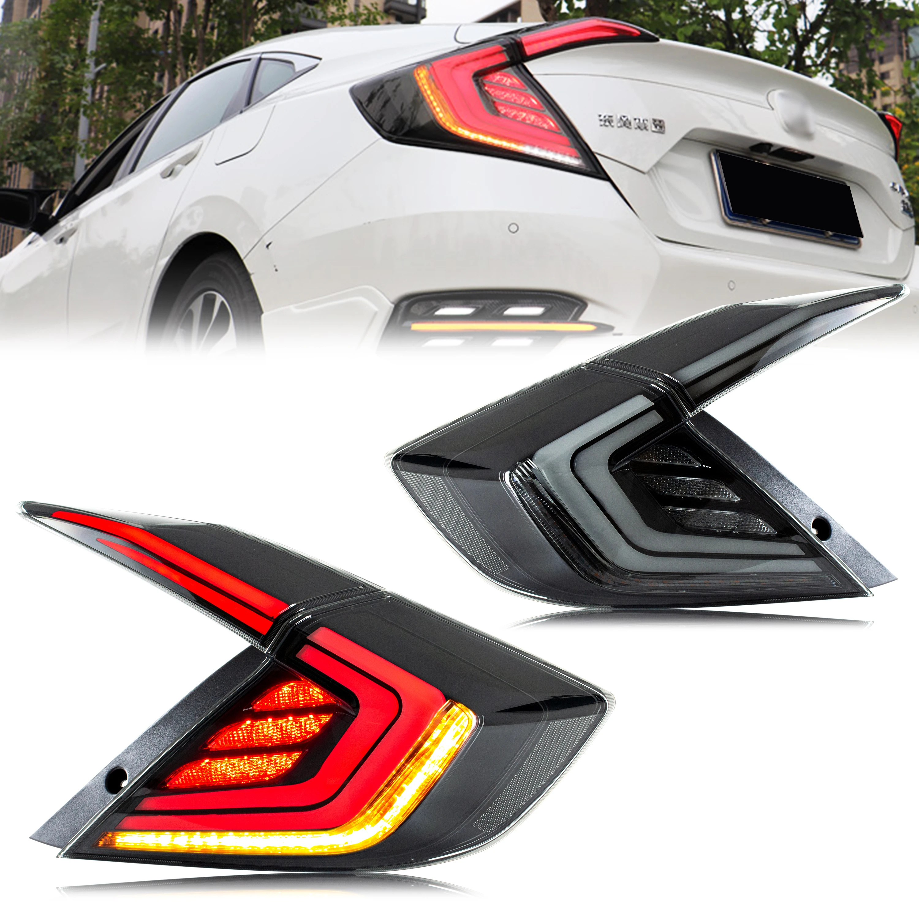 

LED Tail Lights For Honda Civic 10Th Gen Sedan 2016-2021 DRL Sequential Indicator Rear Lamp Assembly(Flashing Brake)