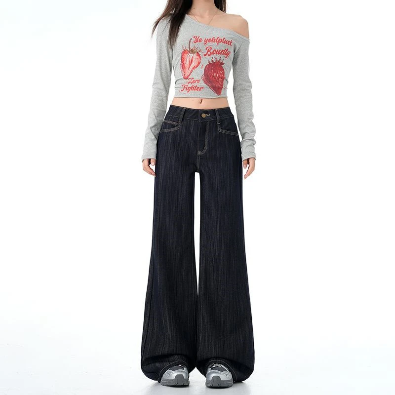 FINEWORDS Jeans svasati blu scuro coreani casual vintage da donna Jeans larghi a tutta lunghezza con fondo a campana Pantaloni in denim larghi Easymatch