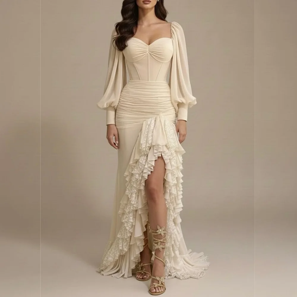 

Customized Grace Pleat Long Sleeves Women's Evening Gowns Trumpet Floor-length Bespoke Occasion Wedding Prom Party Dress