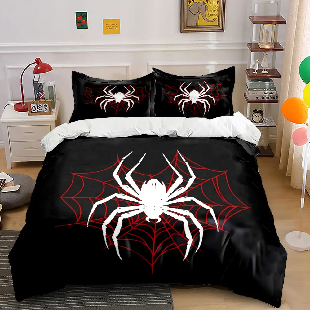 

White spider with red web Pattern Duvet Cover Set Digital Print Colorful Polyester Bedding with Zipper Closur for kids gifts