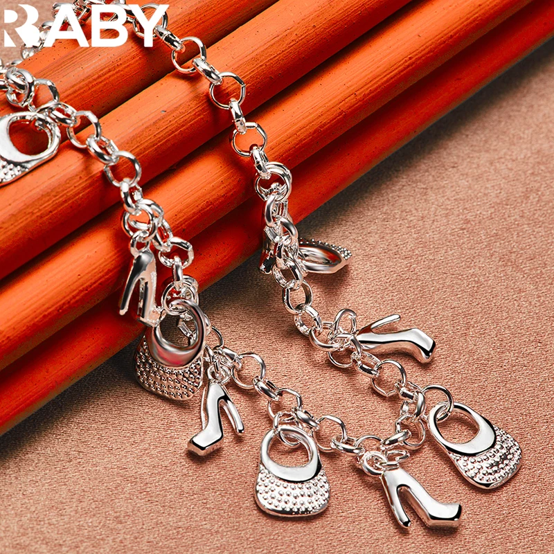 URBABY 925 Sterling Silver tacchi alti borse ciondolo catena braccialetto collana per le donne gioielli moda Set Charms accessori