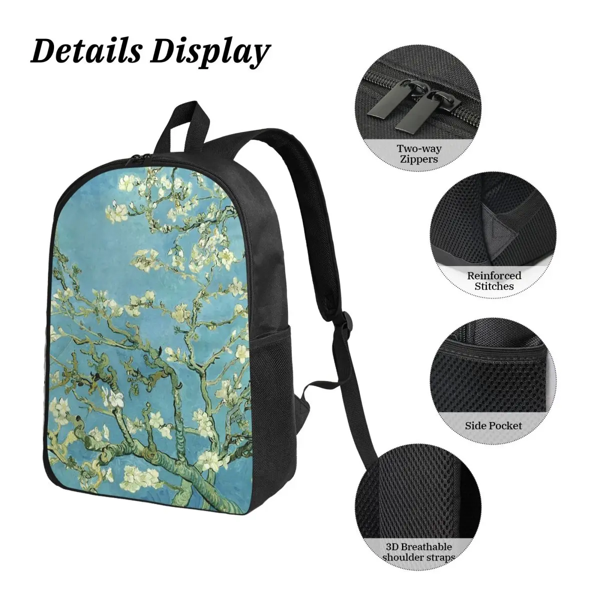 ゴッホのアーモンドの木バックパック 学生 男の子 女の子 ブックバッグ スクールバッグ コンピューターショルダーバッグ 3ps 保温ランチバッグ ペンケース