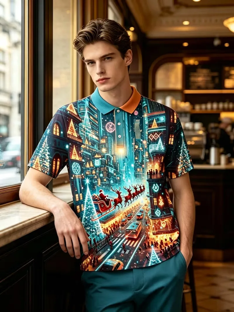 Men Christmas Polo Shirt Santa Sleigh Reindeer City Xmas Tree Print Short Sleeve Collared Tee Holiday Party Casual Tops For Male