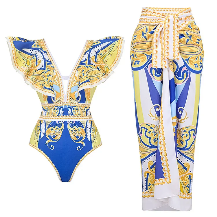 2024 Vrouwen Ruches V-Hals Patroon Print Eendelig Strandkleding Bikini Tweedelig Badpak Badpak En Rok