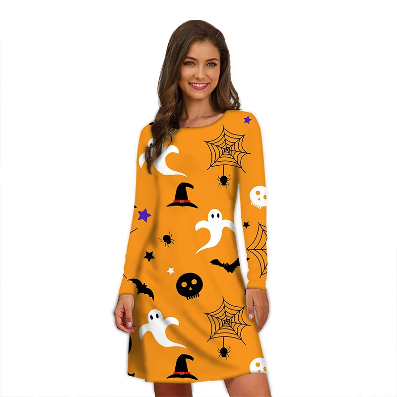 Cartoon Kürbis Print Kleid Frauen Winter Halloween Party Kleid Langarm lässig niedlich Mini A-Linie Kleid plus Größe lose Kleidung