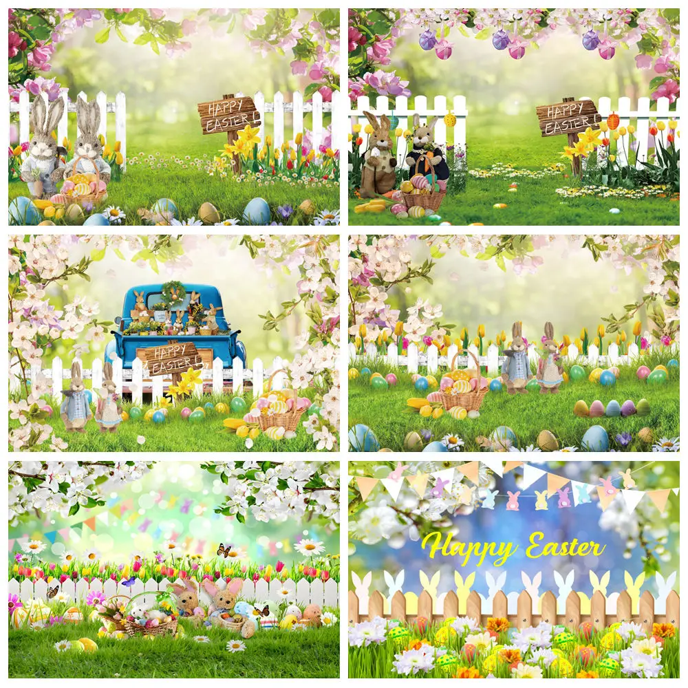 

Happy Easter Photography Backdrop Garden Wood Board Fence Green Grass Rabbit Eggs Baby Portrait Background Decor Photo Studio