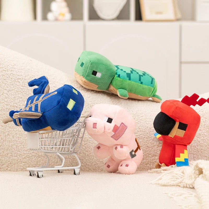 New Minecraft themed plush toy of the surrounding characters - zombie, parrot, bat, pink pig, turtle, as a birthday gift.