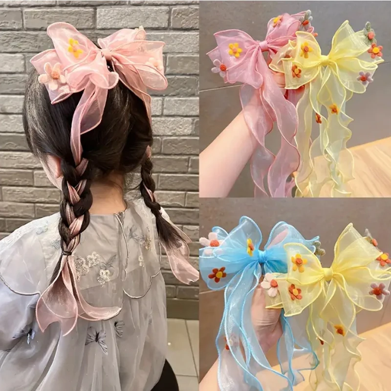 

Новое поступление, заколка для волос с длинной лентой и бантом с цветочным принтом для детей - пастельный цвет, повязка на голову, идеально подходящая для лета, безопасный аксессуар для волос