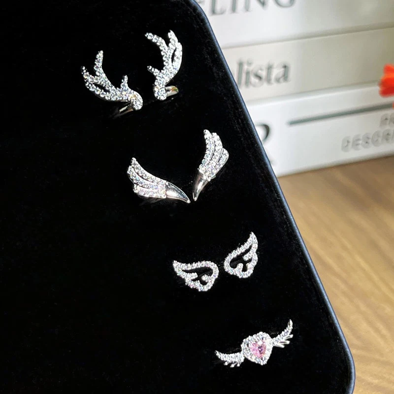 Moda zircão antler asas de anjo anel aberto para mulheres homens ajustável casal anéis jóias presente