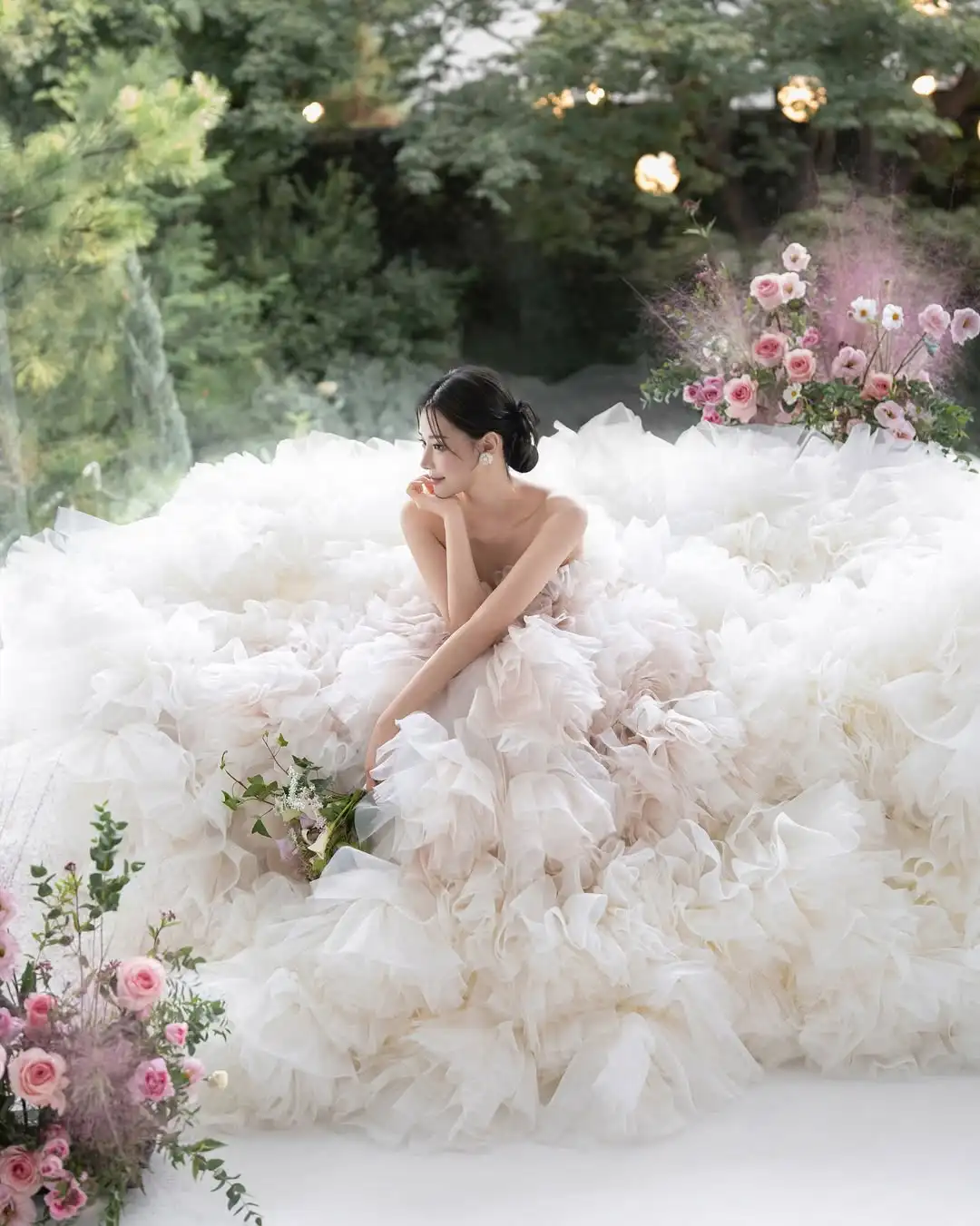 MD Gradient New A-line Off Shoulder Evening Dress Tulle Pleat Korea Photoshoot Sweep Train Evening Gown Corset Customised 웨딩드
