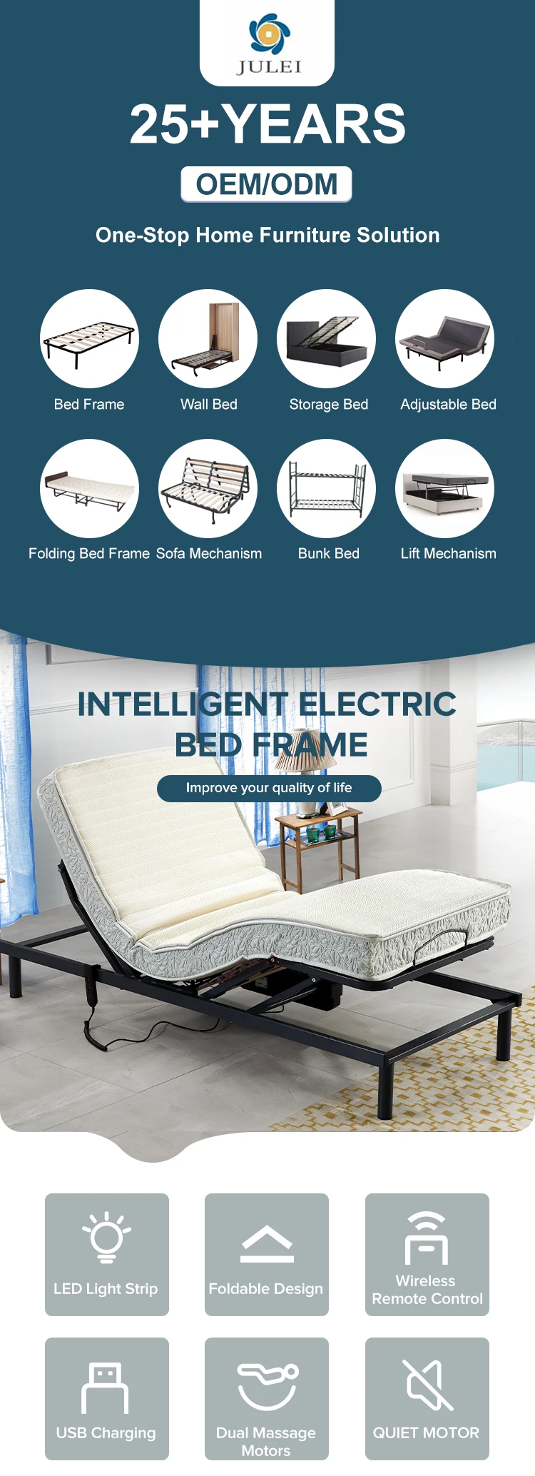 إطار قاعدة سرير منزلي كهربائي قابل للتعديل للتخصيص بدون جاذبية مع دعم قطني للتدليك للقديم #6