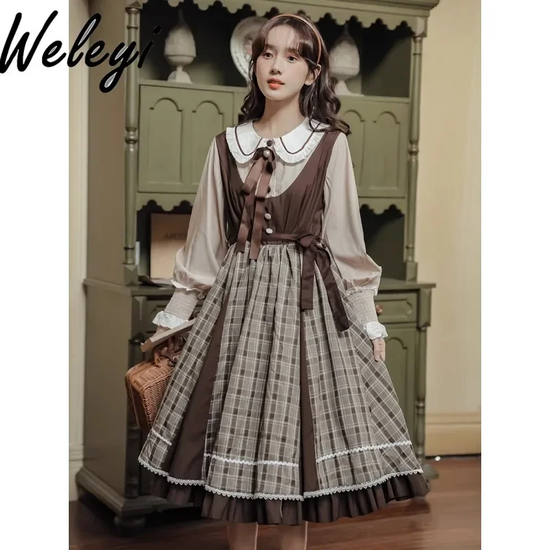 

Spring Mori Japanese Lolita Student Dress Autumn Vintage Sweet College Style Long Sleeve Doll Collar Mid-length Dresses Woman