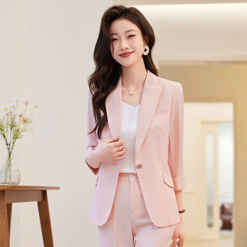 Green Blazer Women's Spring and Summer Seven-quarter Sleeves 2024 New Professional Wear Temperament Casual Suit