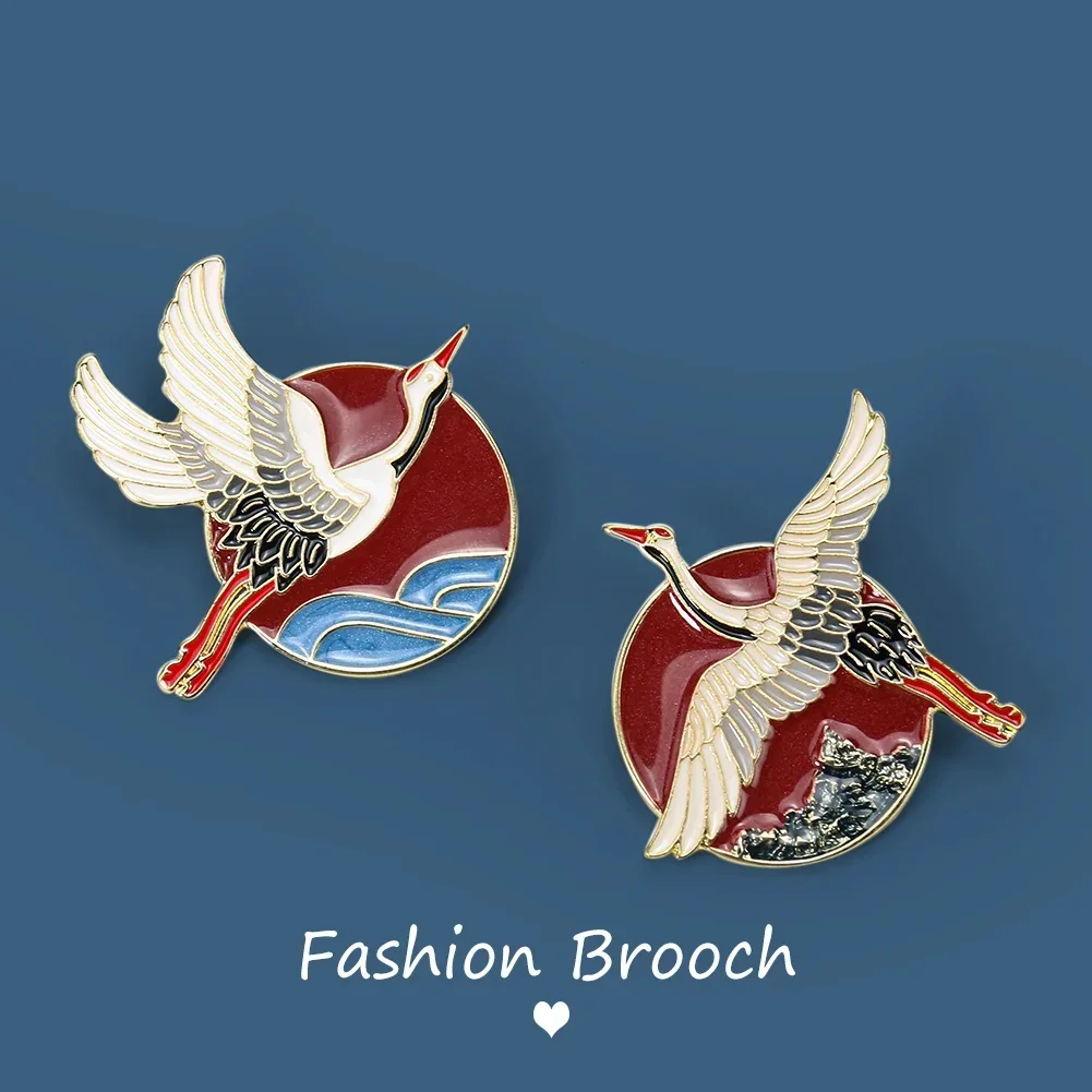 Chinese Style Zinc Alloy Scenery Crane Brooch Cheongsam Accessories Female Corsage Lapel Enamel DIY Apparel Accessories