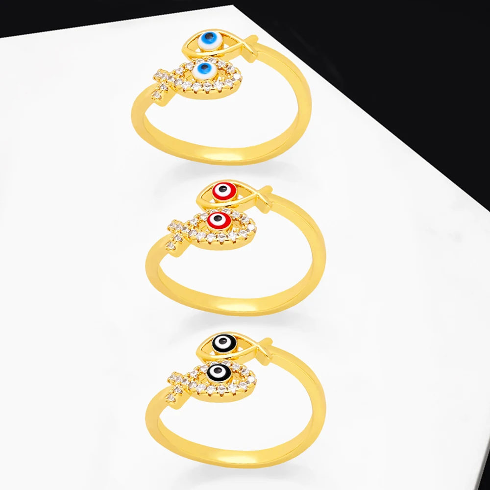 Anillos de ojo turco de esmalte de liquidación para mujer, anillo abierto Ajustable de pez de cristal chapado en oro de cobre, joyería de ojo turco rigr85