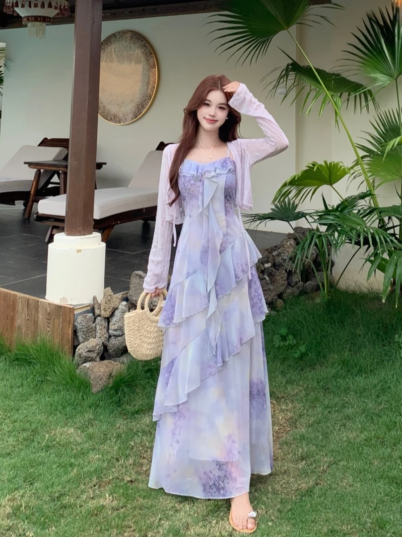 

plus Size Women's Floral Print Halter Dress A-Line Skirt High Waist Bordered Summer New Style Fashionable French Style Long D...
