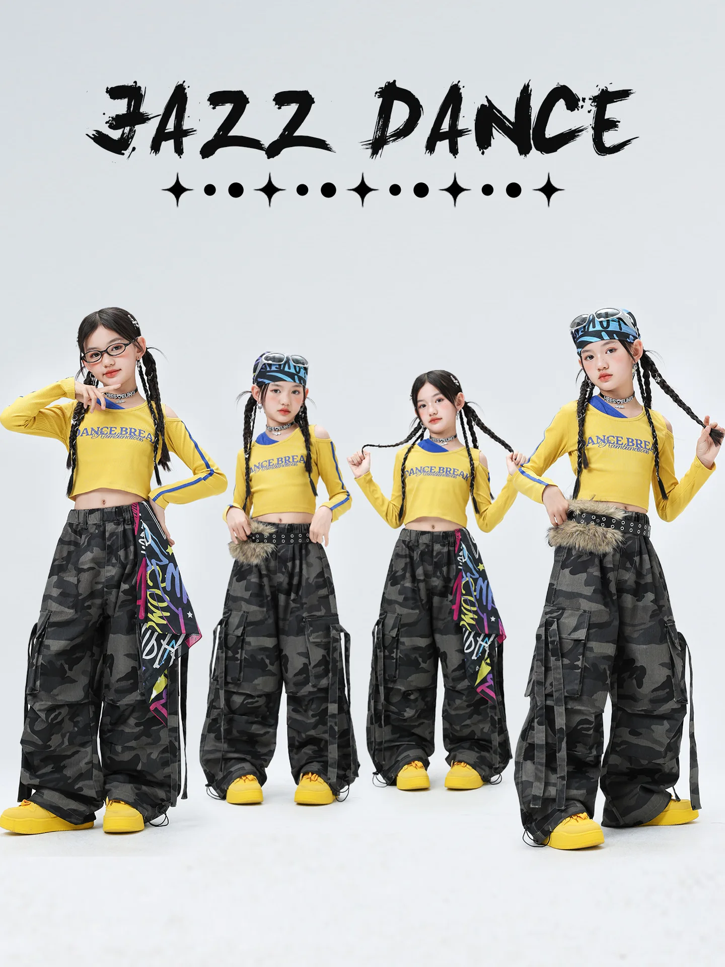 

Girls Hip Hop Off Shoulder Green Crop Top ‌Street Dance Jeans Children Streetwear Denim Skirts Kids Group Dance Clothes Set