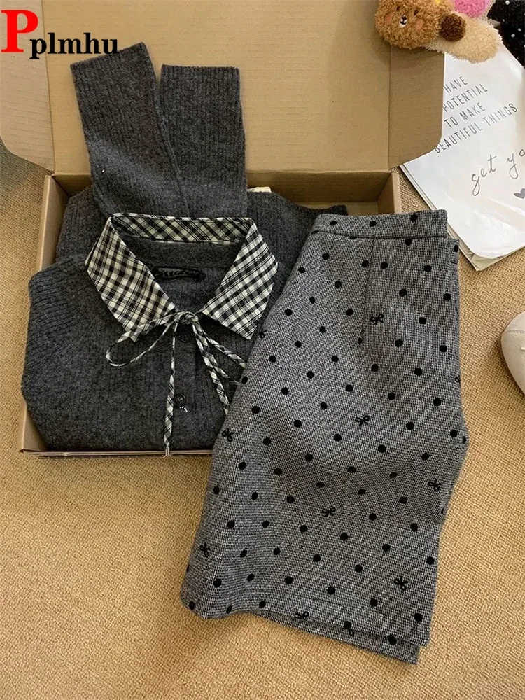 Korea Grijs Elegante Vrouwen Gebreide 2-delige Sets Casual Sex Mini Rokken Ensembles Herfst Winter Warm Polo-hals Trui tops Conjunto