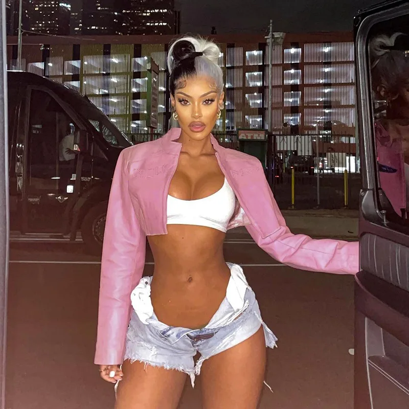 

Sexy Pink Basic Motorcycle Style Baseball Jacket Women's Fashion Outerwear Short Sleeve Zipper Closure Straight Leg Type