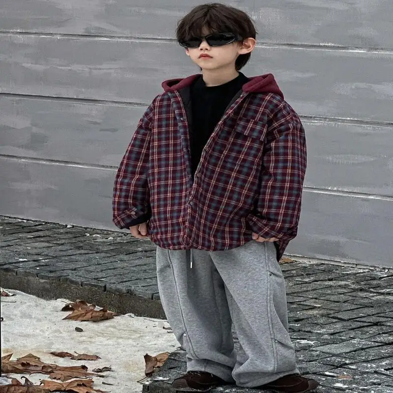 Fashion Children's Clothing Autumn Korean Version 2025 New Item Cotton Thick Hooded Plaid Boys' Outerwear Warm and Trendy Top