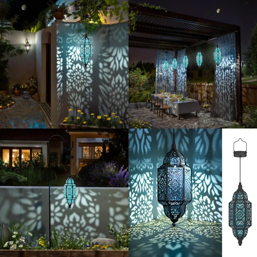 2 Pack Hanging Solar Lights Outdoor Garden Decorative Solar Lantern Waterproof Metal Moroccan Outdoor Decorations for Patio Pat