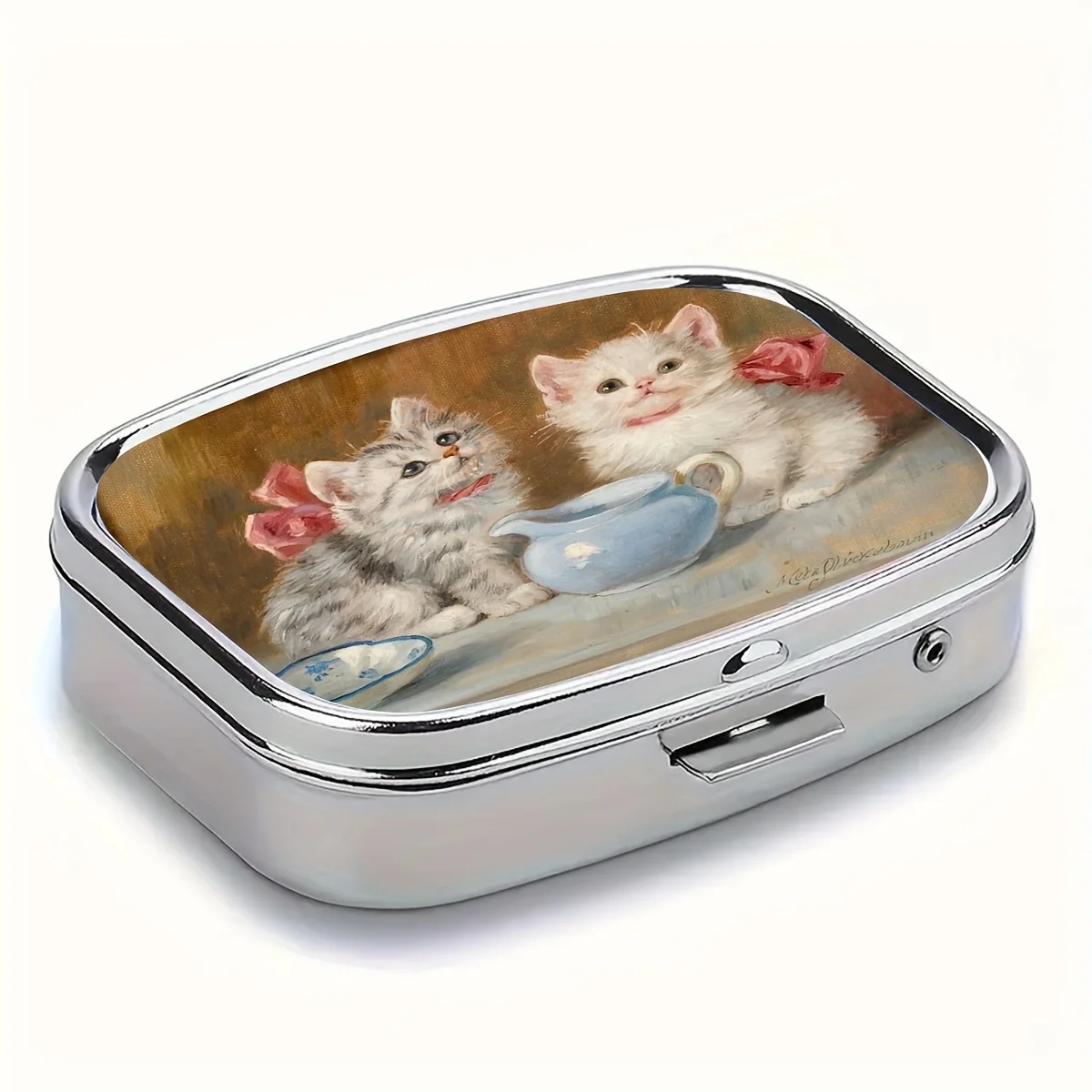 Charming Kitten and Milk Jug Pill Organizer - 2-Compartment Decorative Metal Travel Case, Portable Rectangular Design, Suitable for Wallets, Perfect for Women and Men, Ideal for Seniors and Travelers, Cat-Themed Pill Box