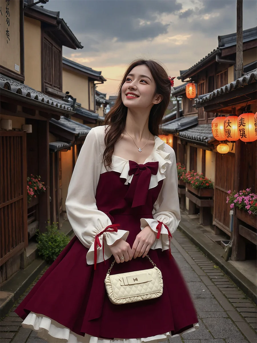 فساتين نسائية Y2K عتيقة 2000S ثوب حفلة فيونكة شبابية مخملية عنابي فستان ثقوب العطلات مجوفة مجوفة