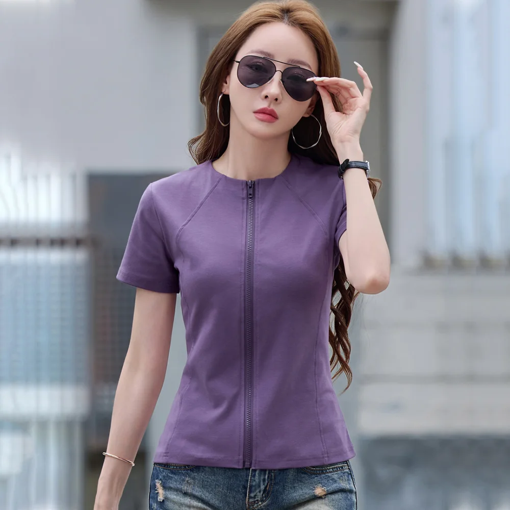 New Women Summer Sport Style T-shirt Fashion O-Neck Short Sleeve Zip-up T-shirt Casual Simplicity Solid Color Slim T-shirt