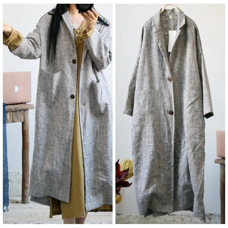 Johnature, gabardina de lino Vintage para mujer, abrigos de manga larga con cuello vuelto de Color sólido, gabardina con bolsillos y botones para otoño 2025