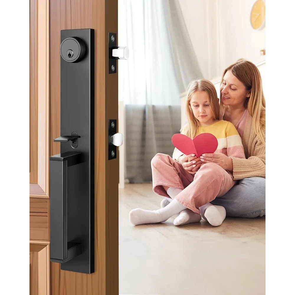 Exterior Door Handle Deadbolt Lock Set Matte Black Heavy Duty Zinc Alloy Full Escutcheon Push Button Latch Easy Installation