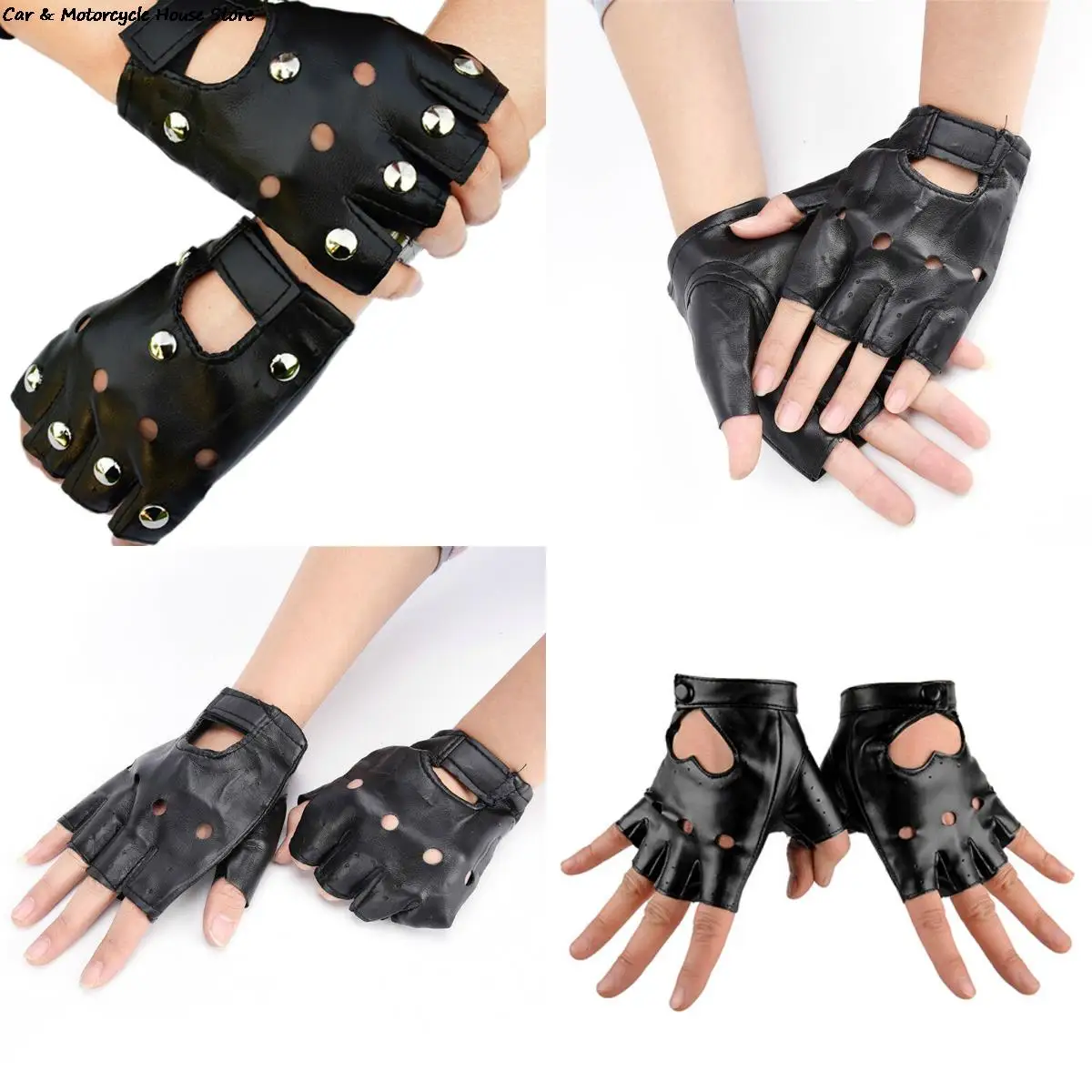 1 Pair Punk Hip-hop PU Black Half-finger Leather Gloves Square Nail  Fashion Hand Warmer Winter Gloves Warm Fingerless