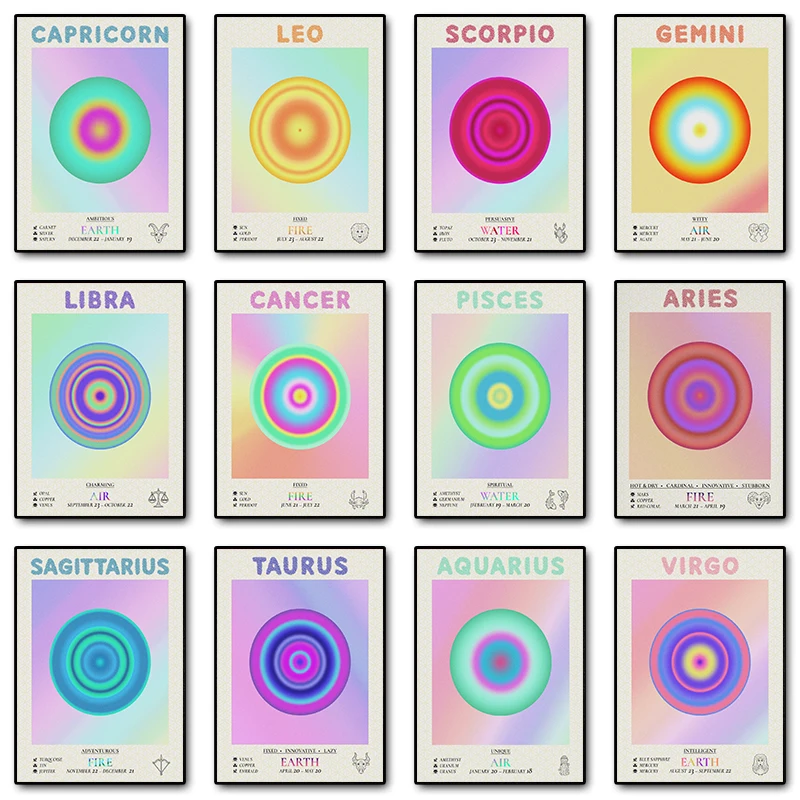 Póster de constelación del zodiaco para decoración de pared del hogar, póster con gradiente de Aura, signo de estrella, impresiones de Leo Libra Aries Virge, lienzo de pintura para habitación