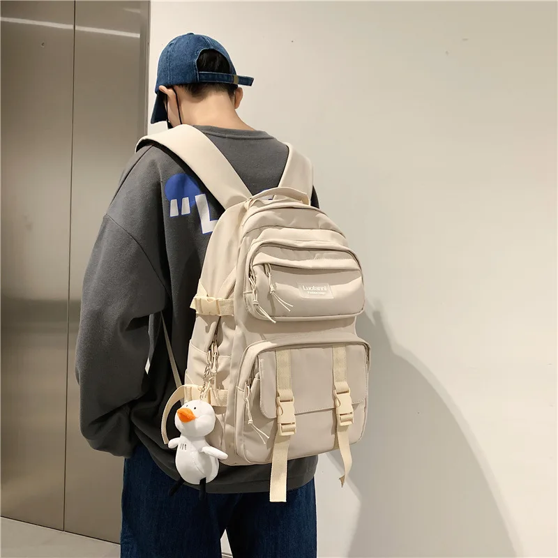 Solid color multi-pocket schoolbag female high school students backpack light color large capacity ins backpack male mochilas